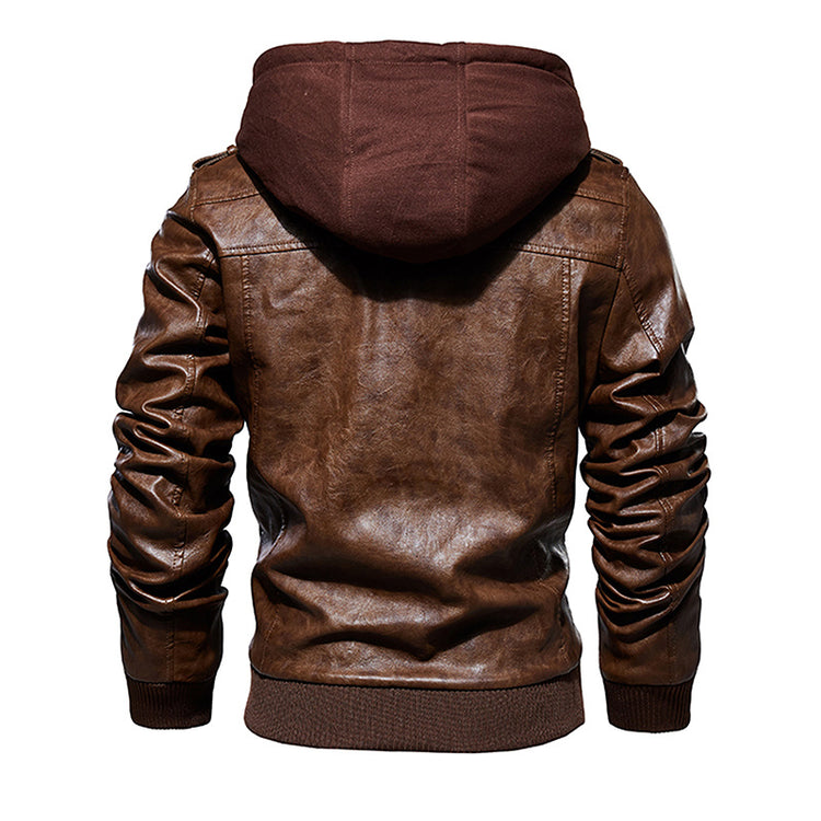 a brown leather jacket with a hood