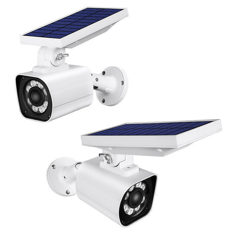 a pair of white cameras with blue solar panels