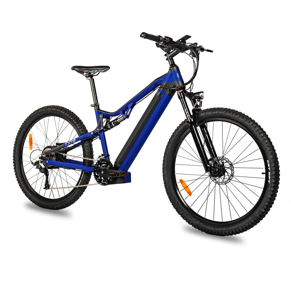 a blue and black electric bike
