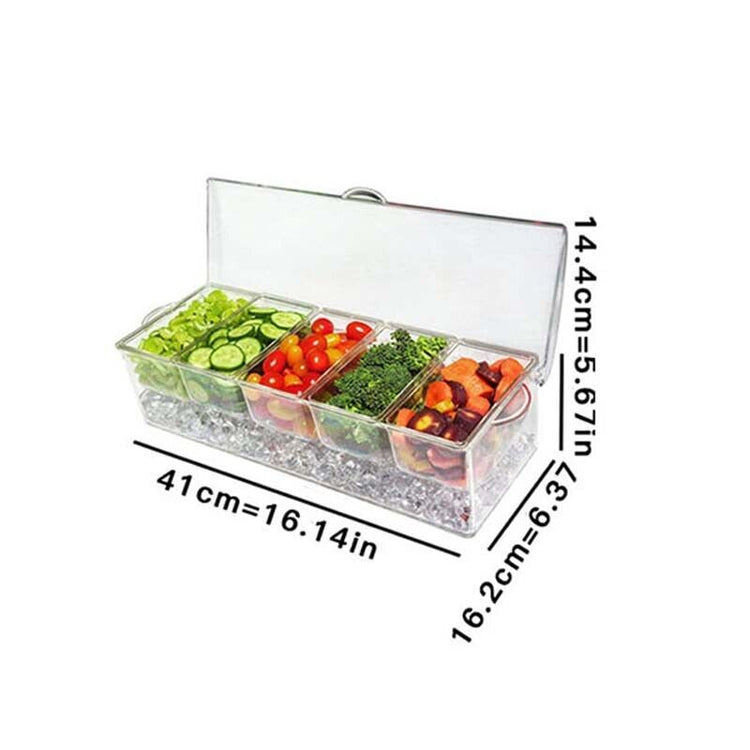 a container with different vegetables and a measuring tape