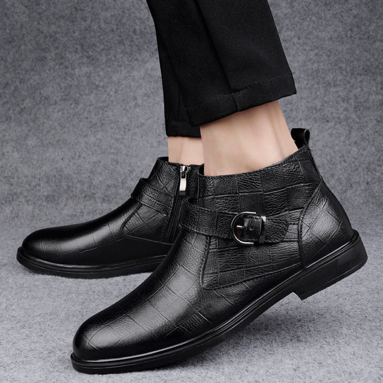 a pair of black leather shoes
