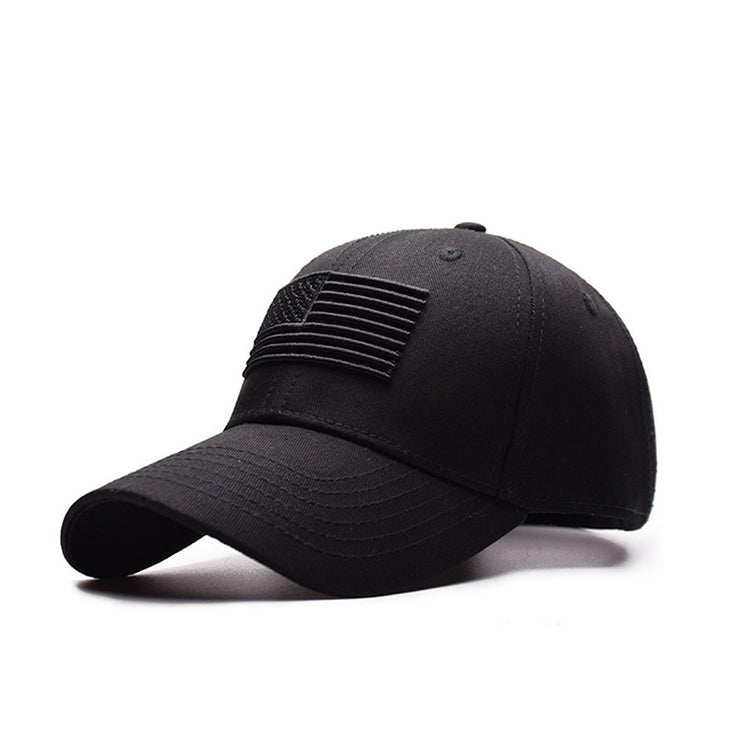a black hat with a flag patch