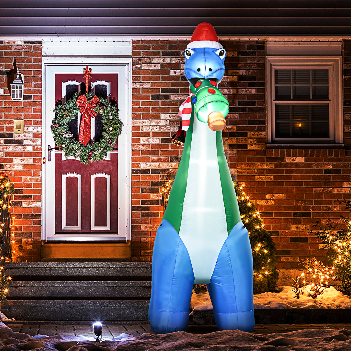 Long Christmas Inflatables Outdoor Decorations Dinosaur with Christmas Tree in Mouth