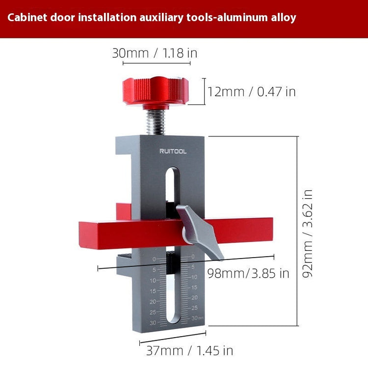 a red and silver tool with measurements