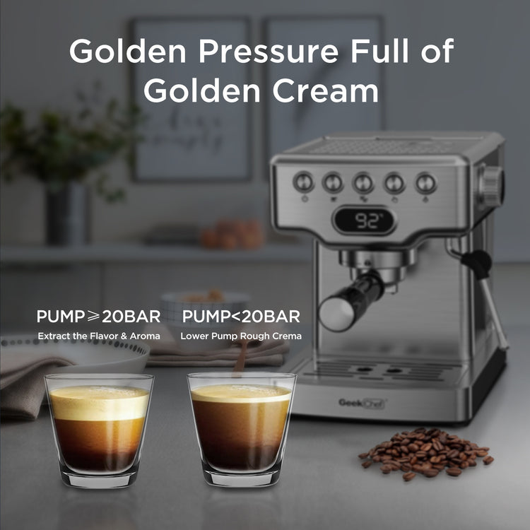 a coffee machine and two glasses of liquid