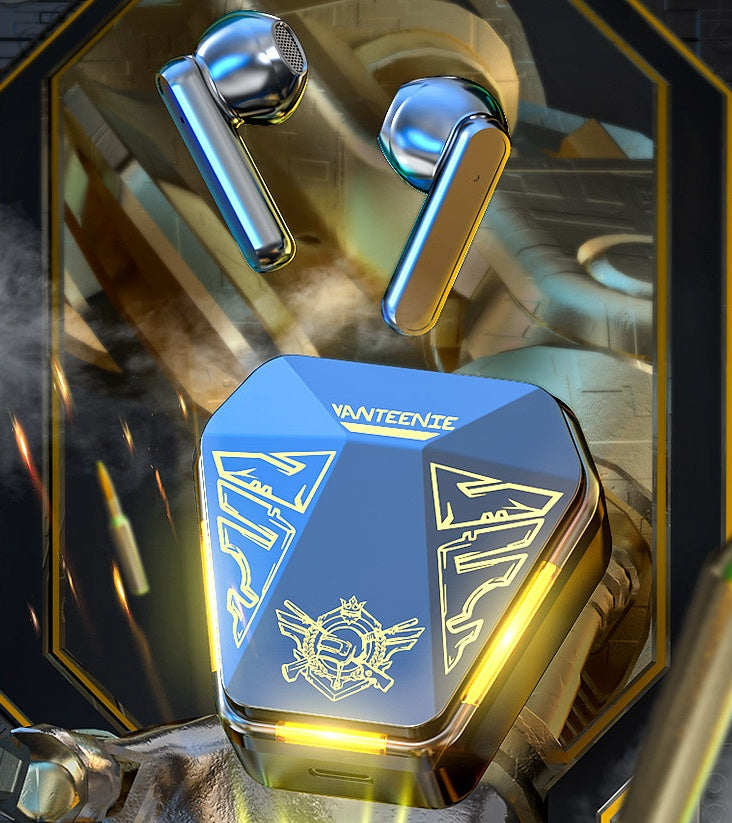 a blue and gold object with a yellow light