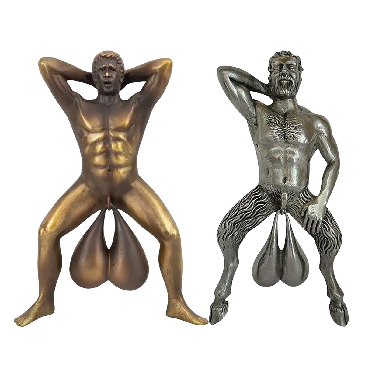 a statue of a man and a man holding bags