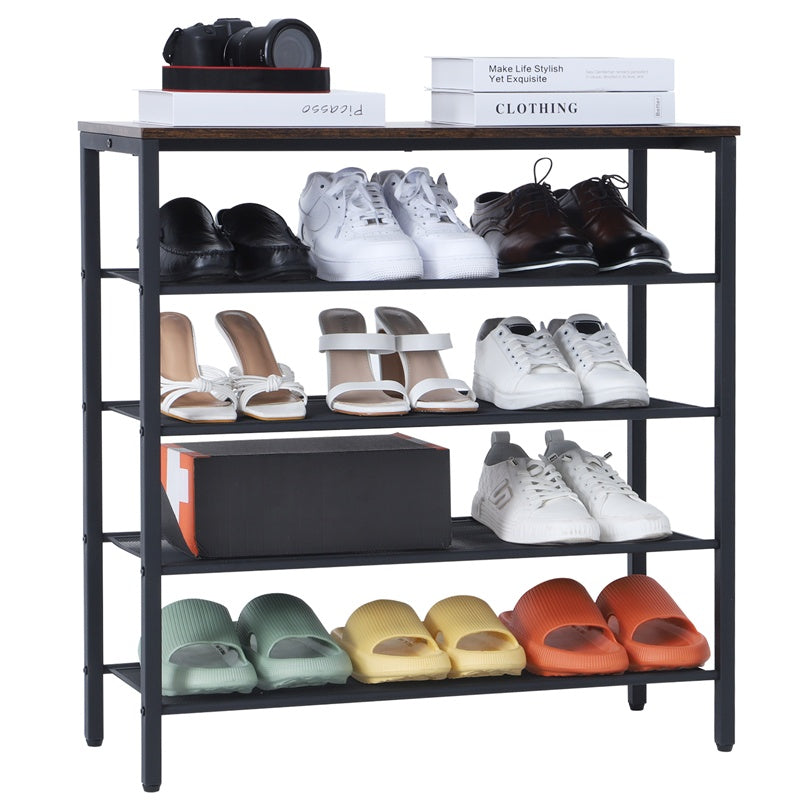 a shelf with shoes and a book