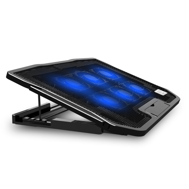 a black laptop with blue lights