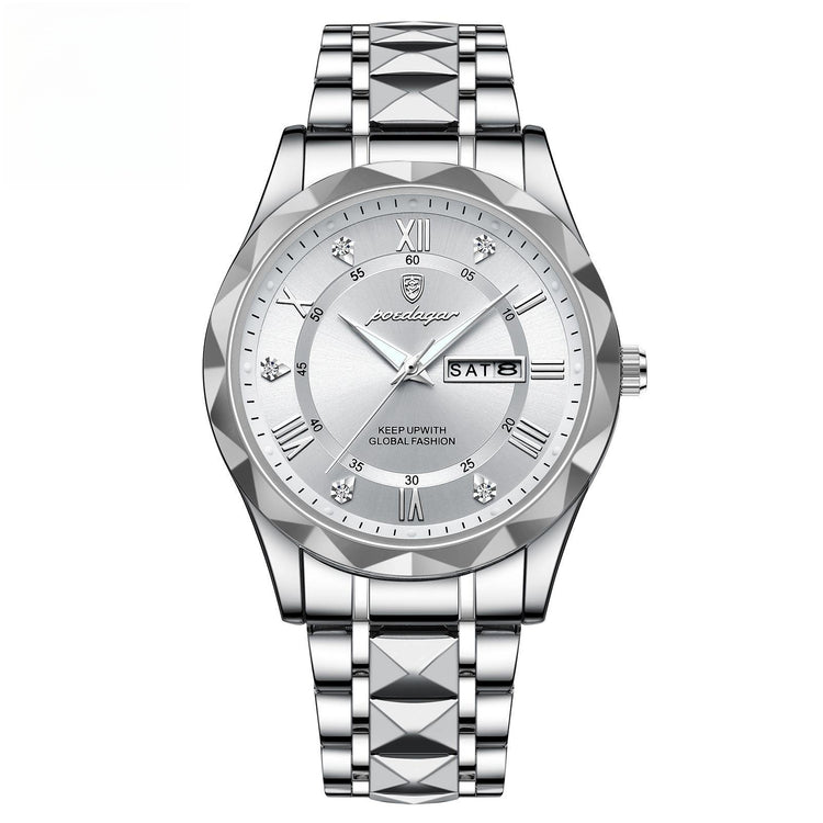 a silver watch with a silver band