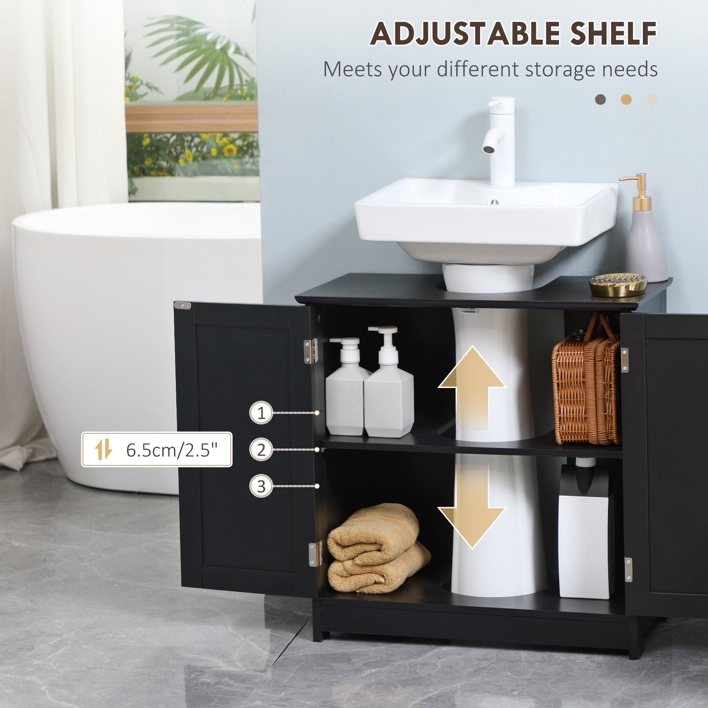 Under Sink Bathroom Cabinet, Pedestal Sink Storage Cabinet with 2 Doors, Shelf and U-Shape, Black