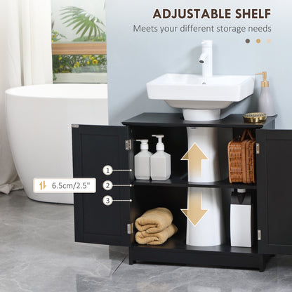 Under Sink Bathroom Cabinet, Pedestal Sink Storage Cabinet with 2 Doors, Shelf and U-Shape, Black
