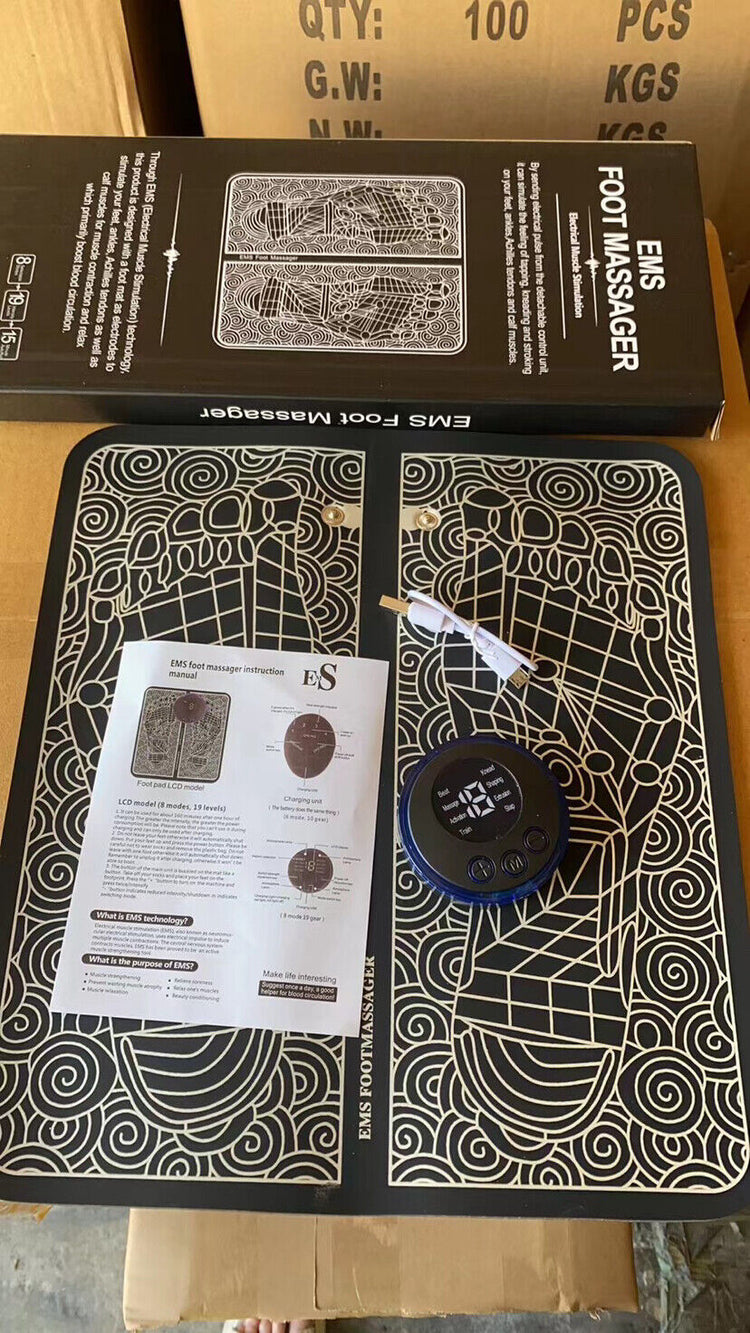 a massage mat with a blue device and a white cord