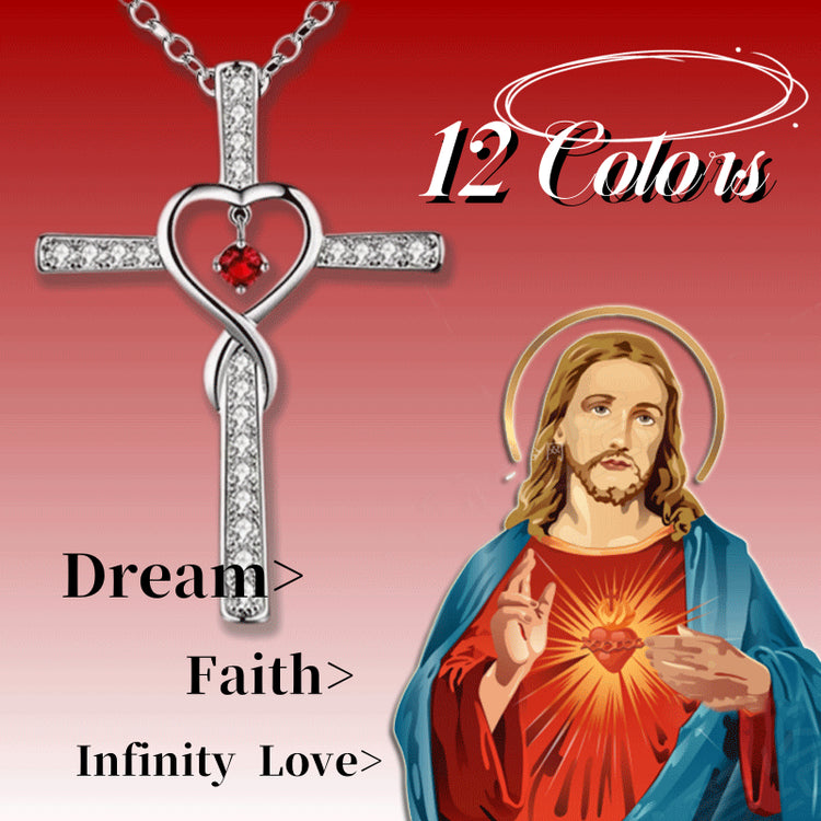 a silver cross with a heart and a red background