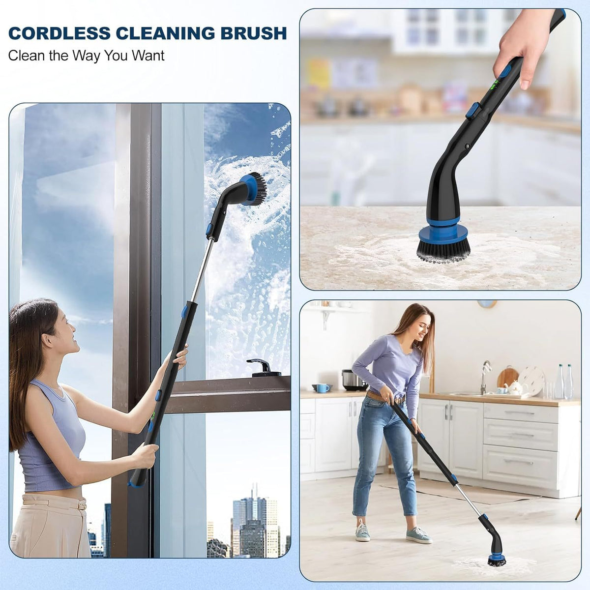 a collage of a woman cleaning a floor