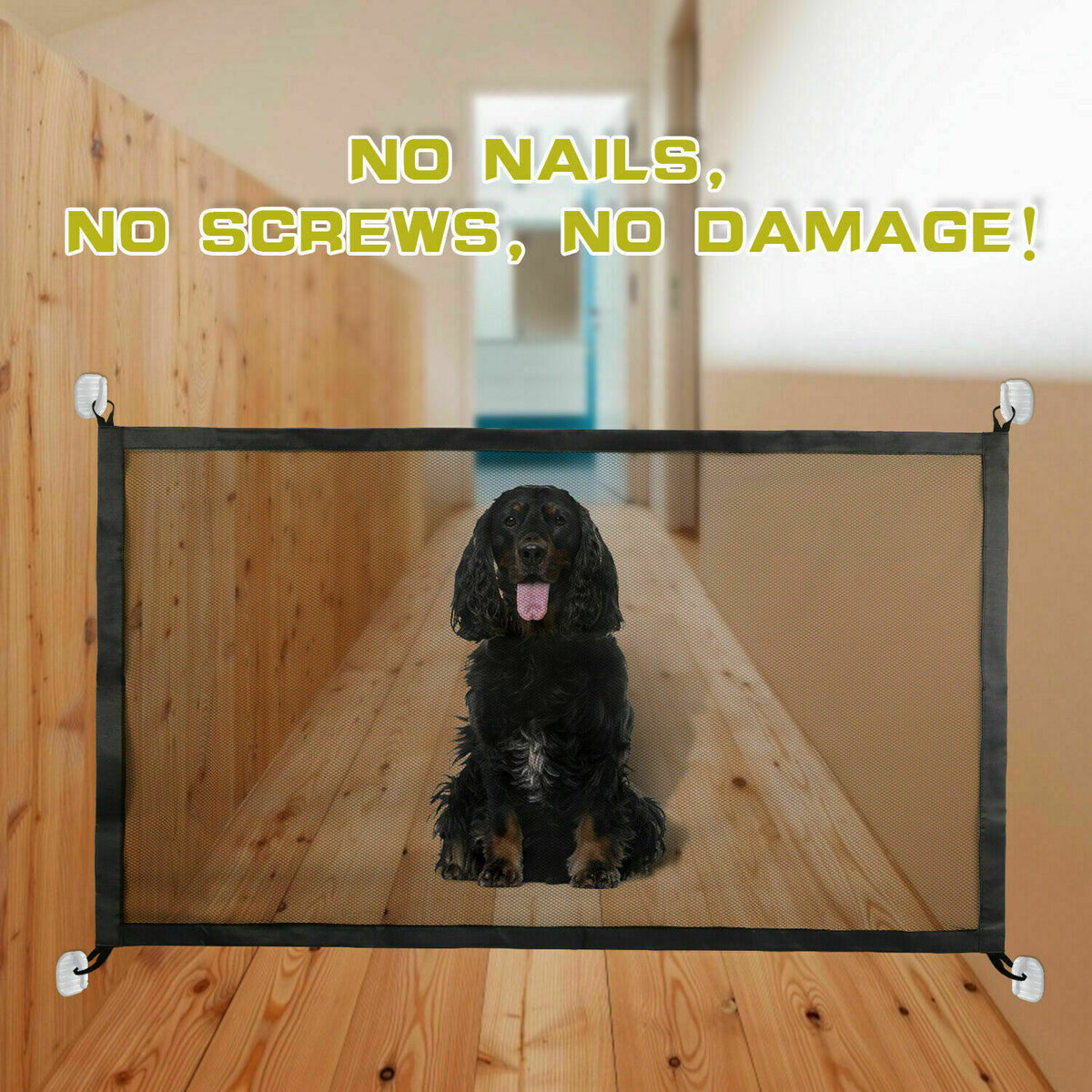 a dog sitting in a hallway with a fence