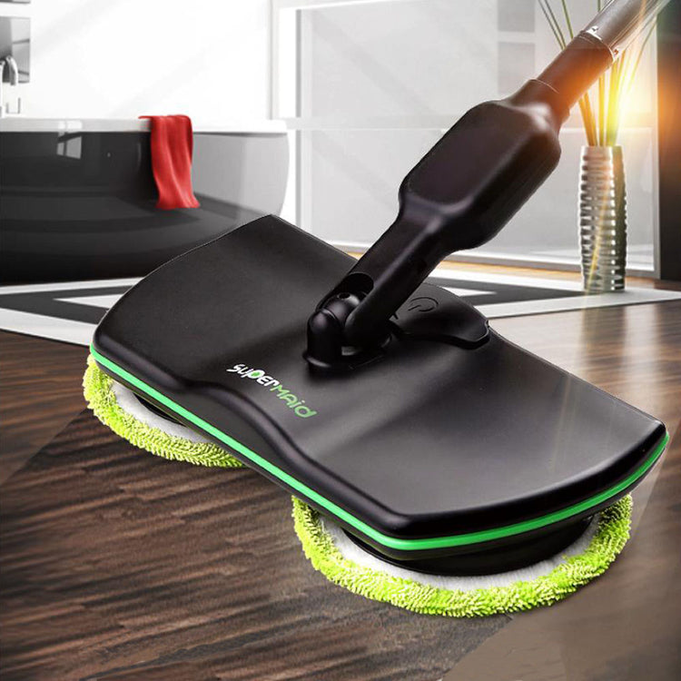 a black and green mop on a wood floor