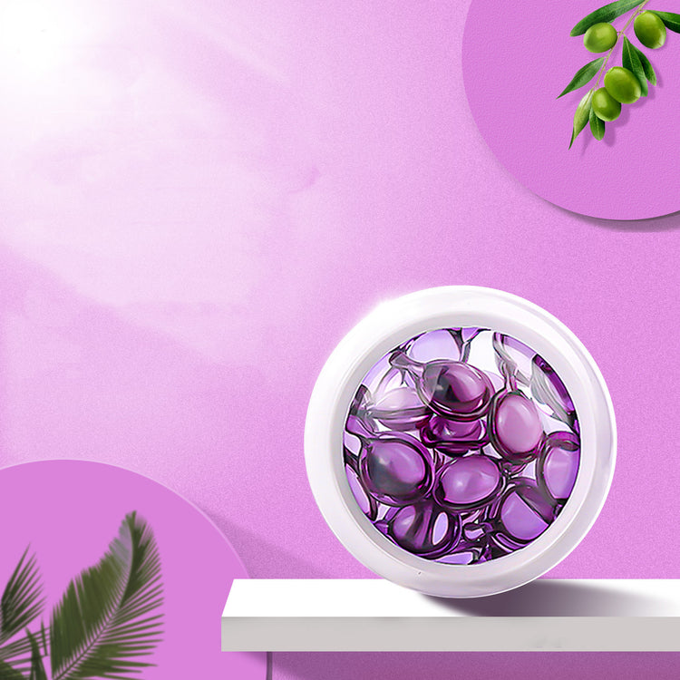 a purple circle with green leaves and a round object on a white shelf