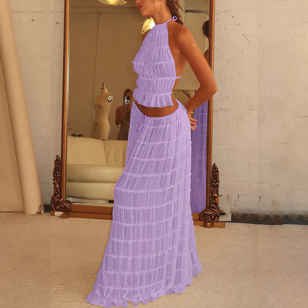 a woman in a purple dress