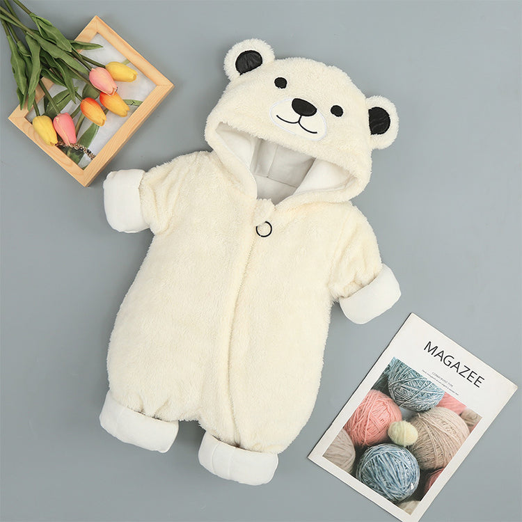 a white bear garment with a book and flowers