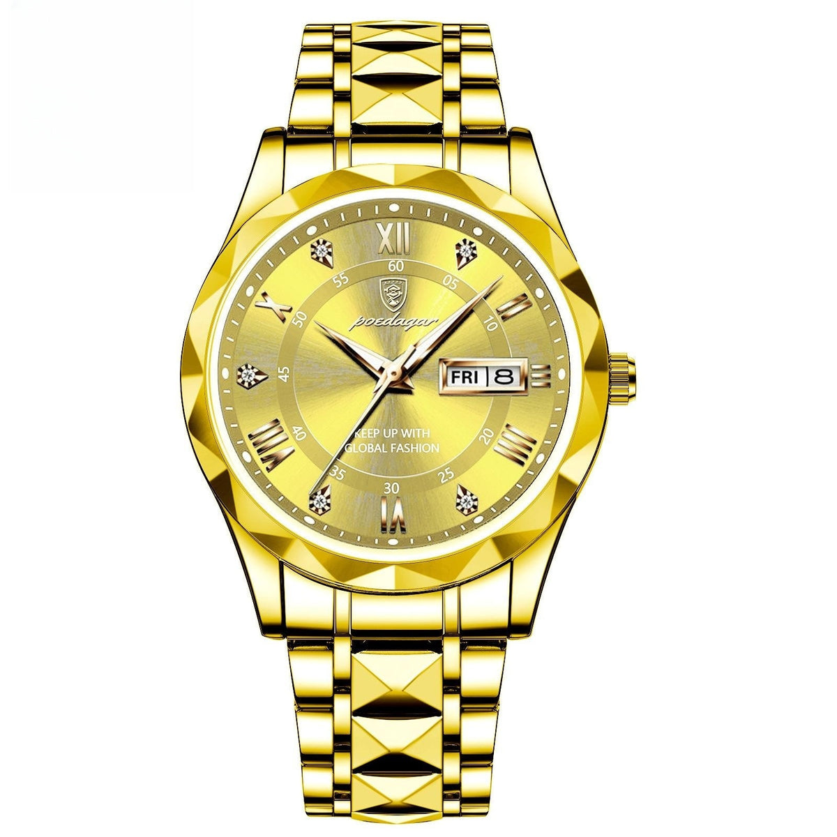 a gold watch with a silver band
