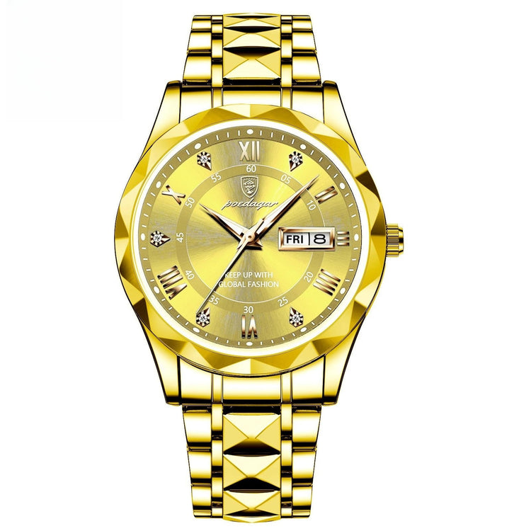 a gold watch with a silver band