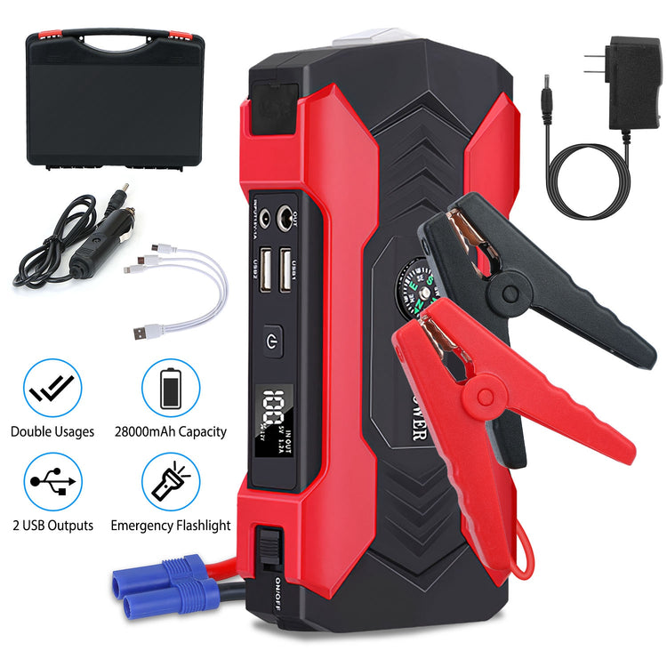 a red and black power bank with cables and wires