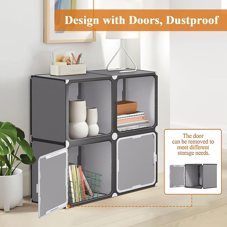 a grey cube shelving unit with a lamp and books