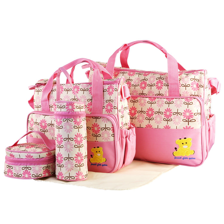 a group of pink and white baby bags
