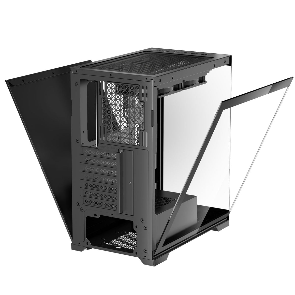 a black computer tower with a glass door