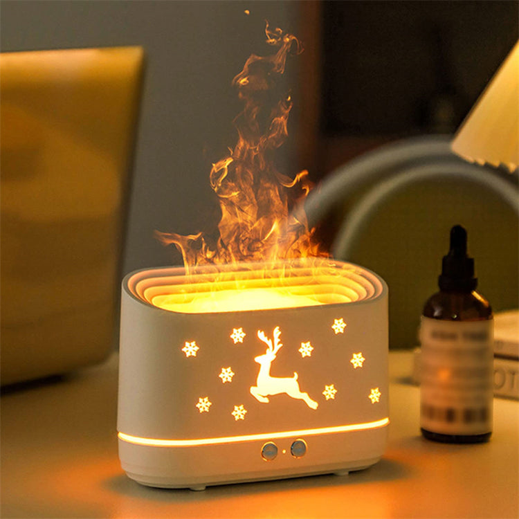 a white rectangular object with a lit up deer on fire