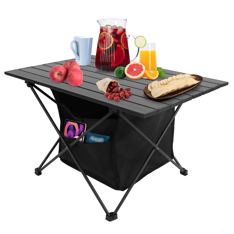 a table with fruits and drinks on it
