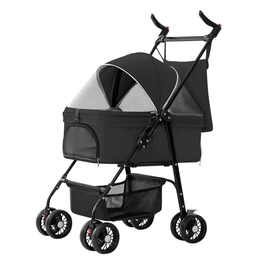 1Pc 4-Wheels Pet Stroller Foldable Carrier Strolling Cart Travel Jogger Pet Stroller With Removable Liner Storage Basket For Dog Cat