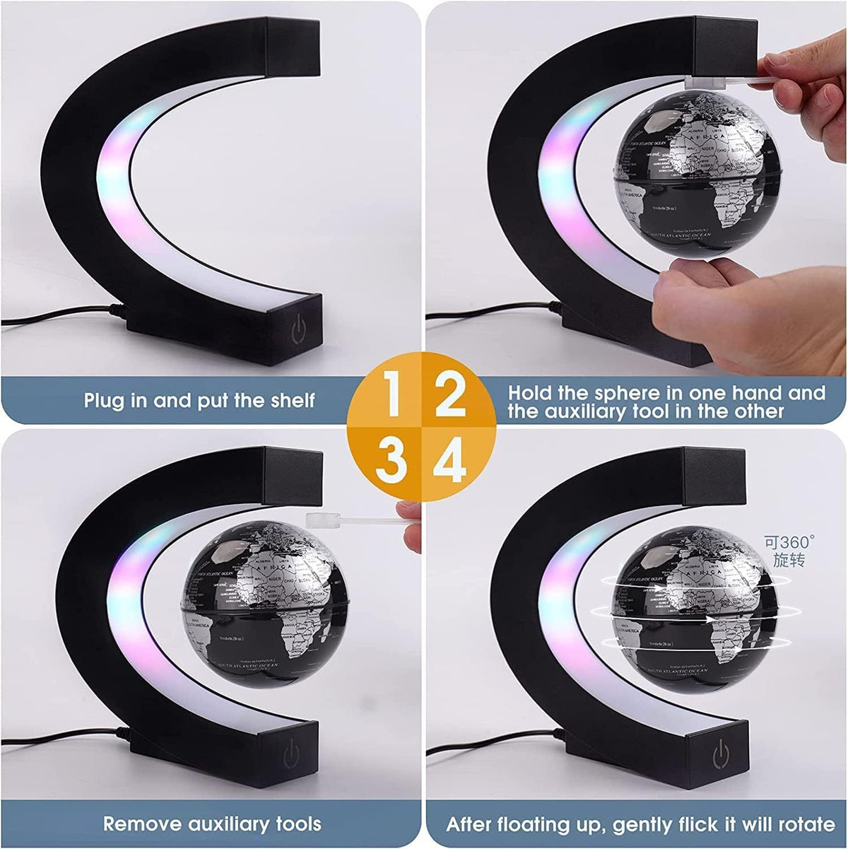 a collage of a black and white object with a globe on it