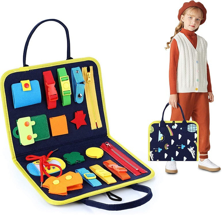 a child standing next to a bag with toys