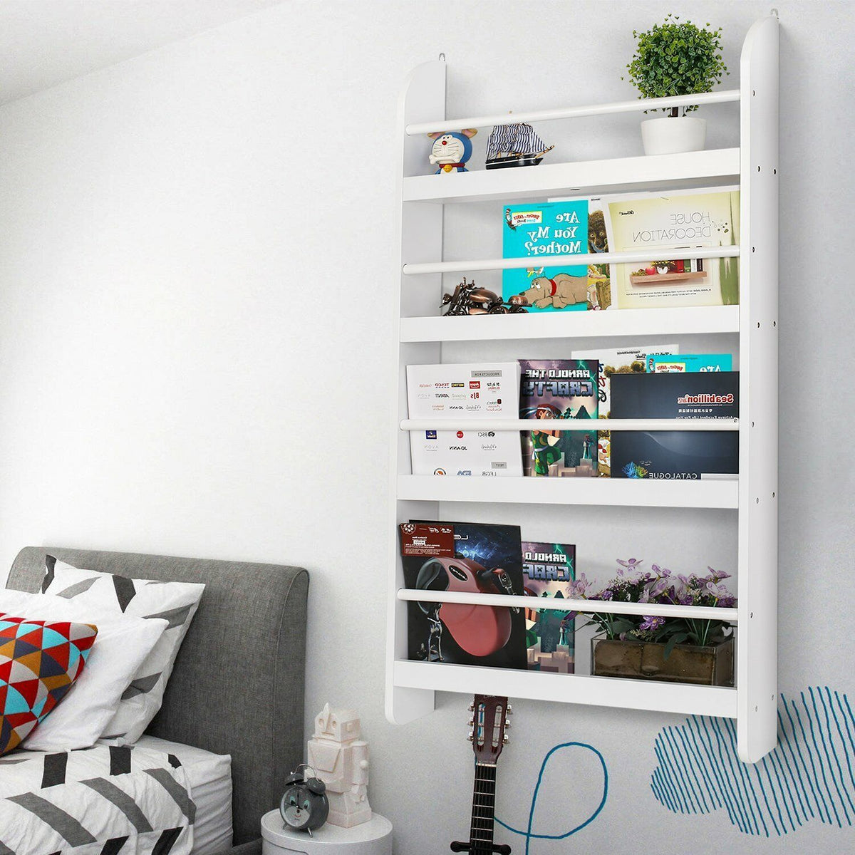 a white shelf with books on it