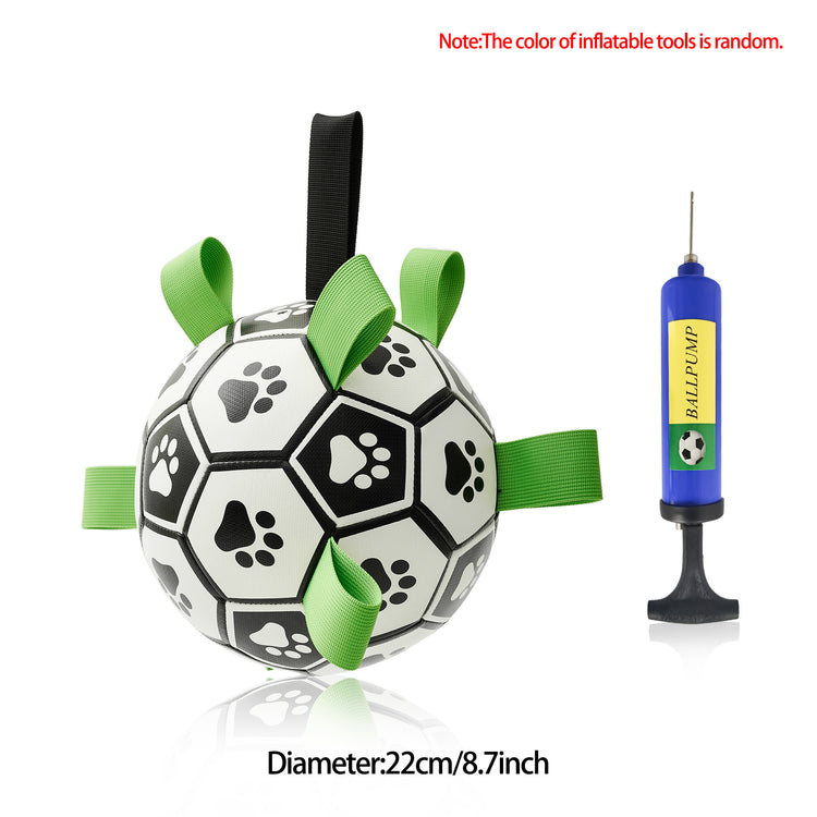 a ball with green straps and a blue pump