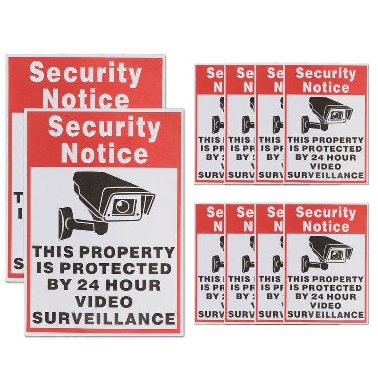 a group of red and white signs