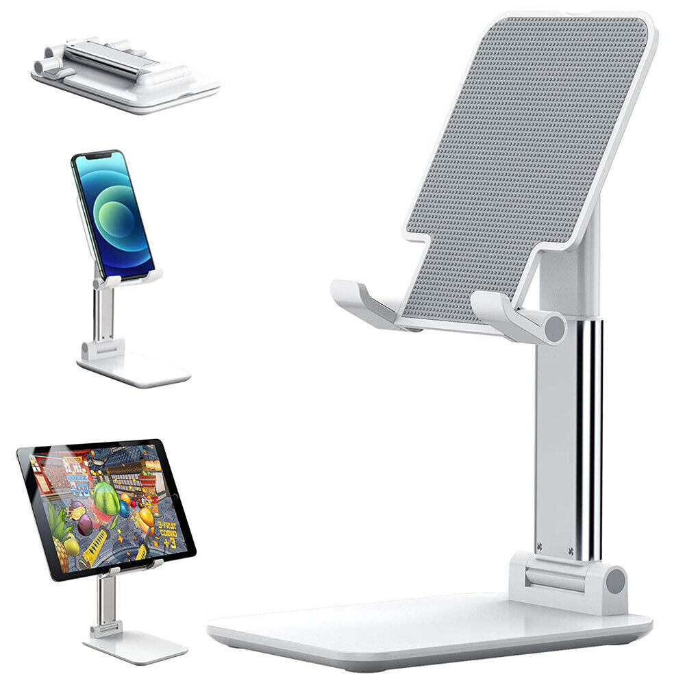 a white stand with a screen and a phone