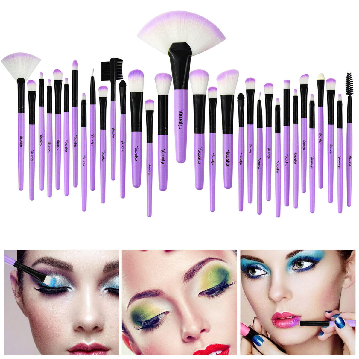 a collage of different makeup brushes