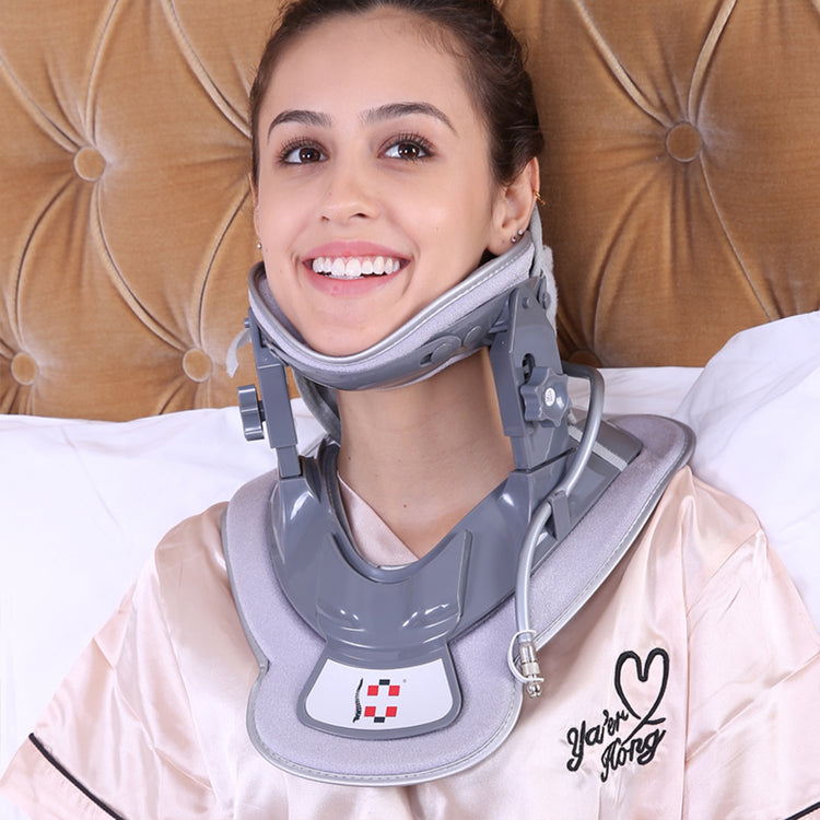 a woman wearing a neck brace
