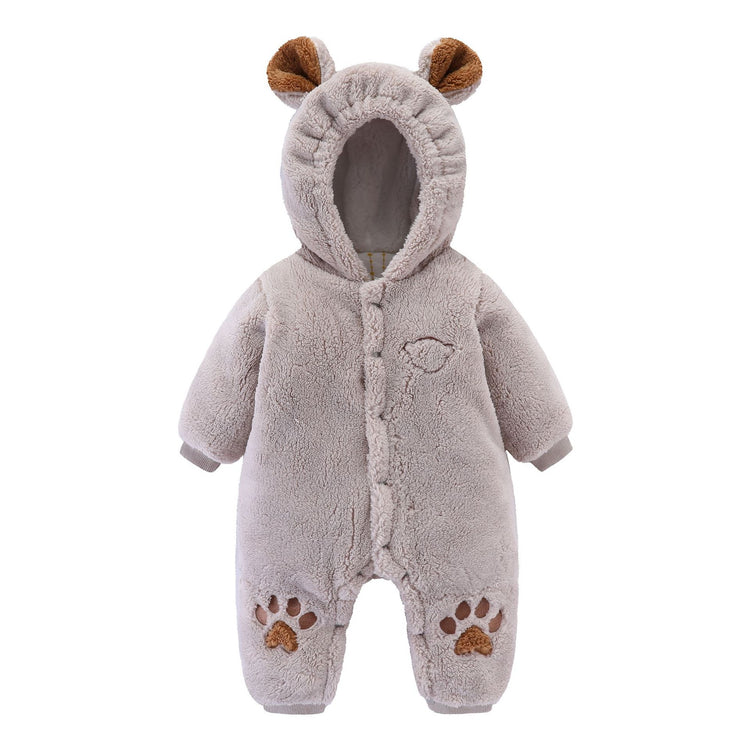 a baby's furry outfit with a hood