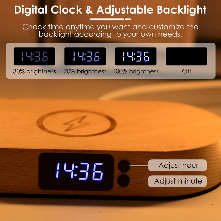 a digital clock on a wooden surface