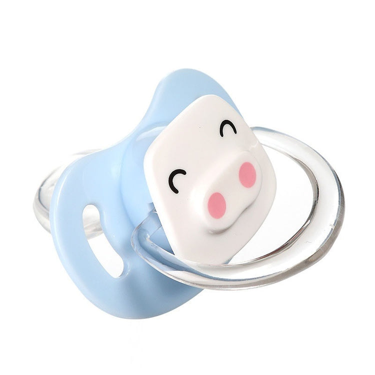 a blue pacifier with a pig face