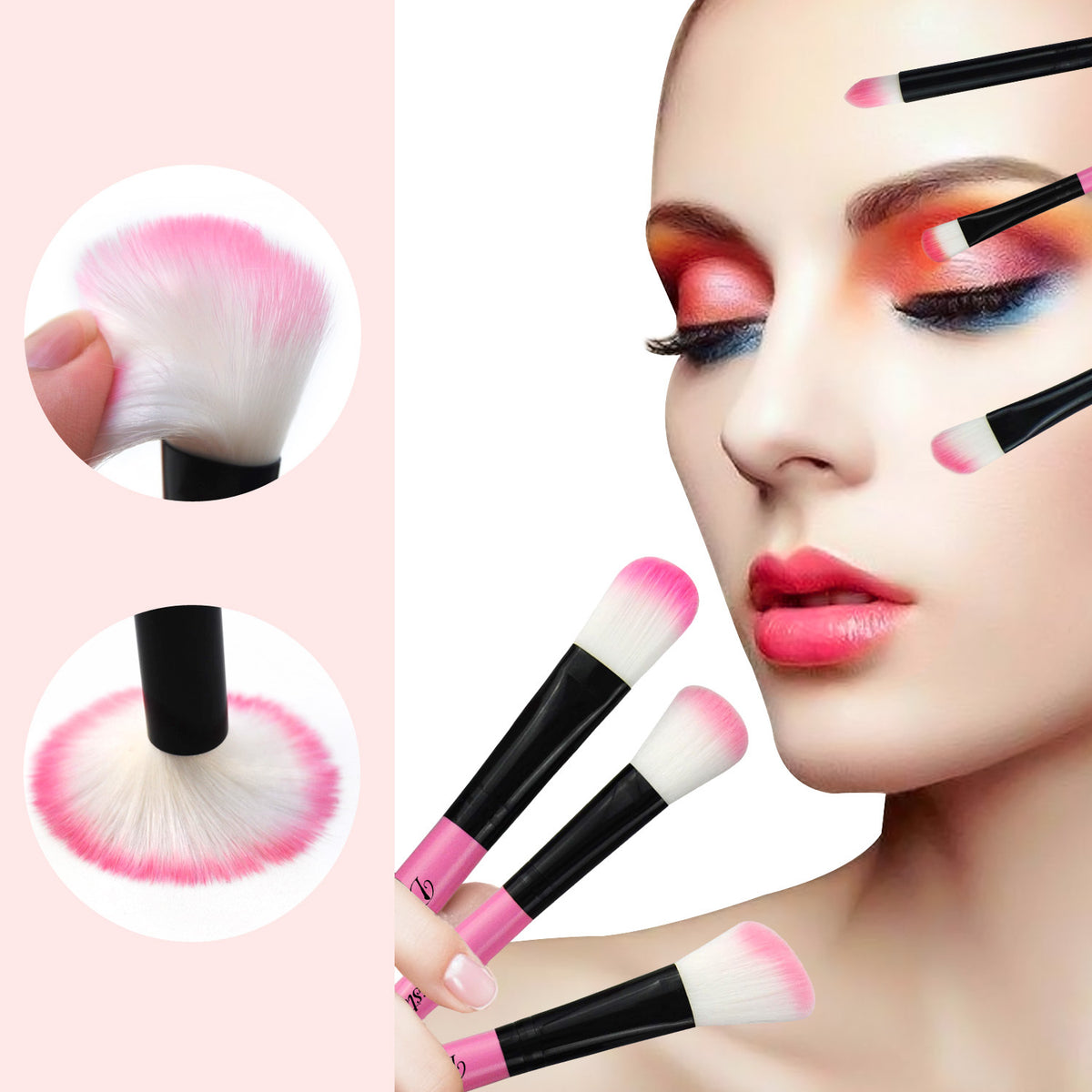 a woman with makeup brushes