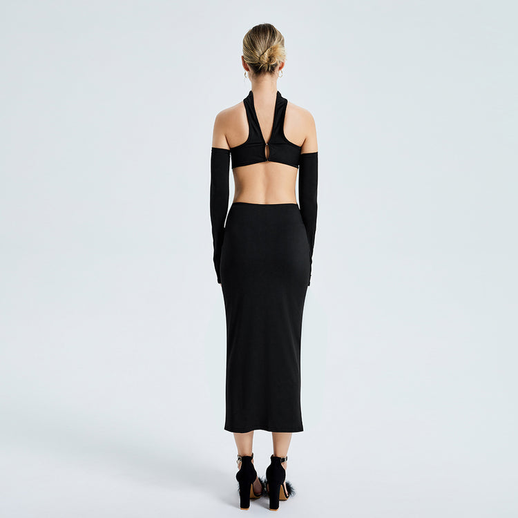 a woman in a black dress