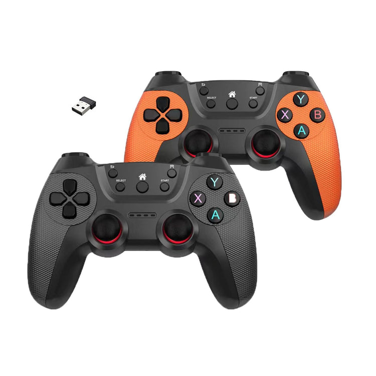 a black and orange video game controllers