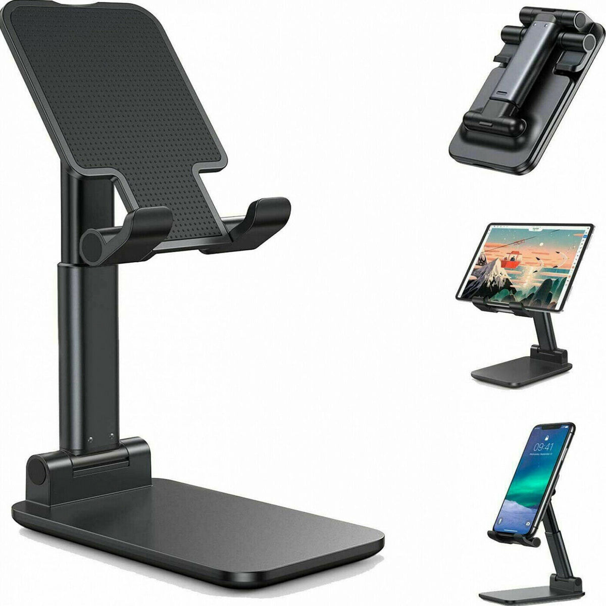 a black stand with a tablet and a phone