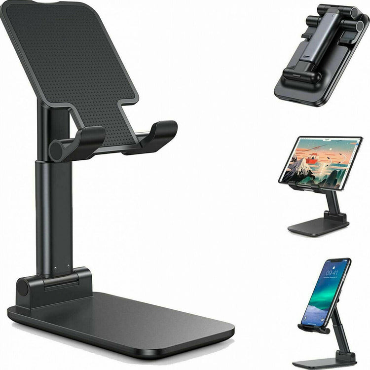 a black stand with a tablet and a phone