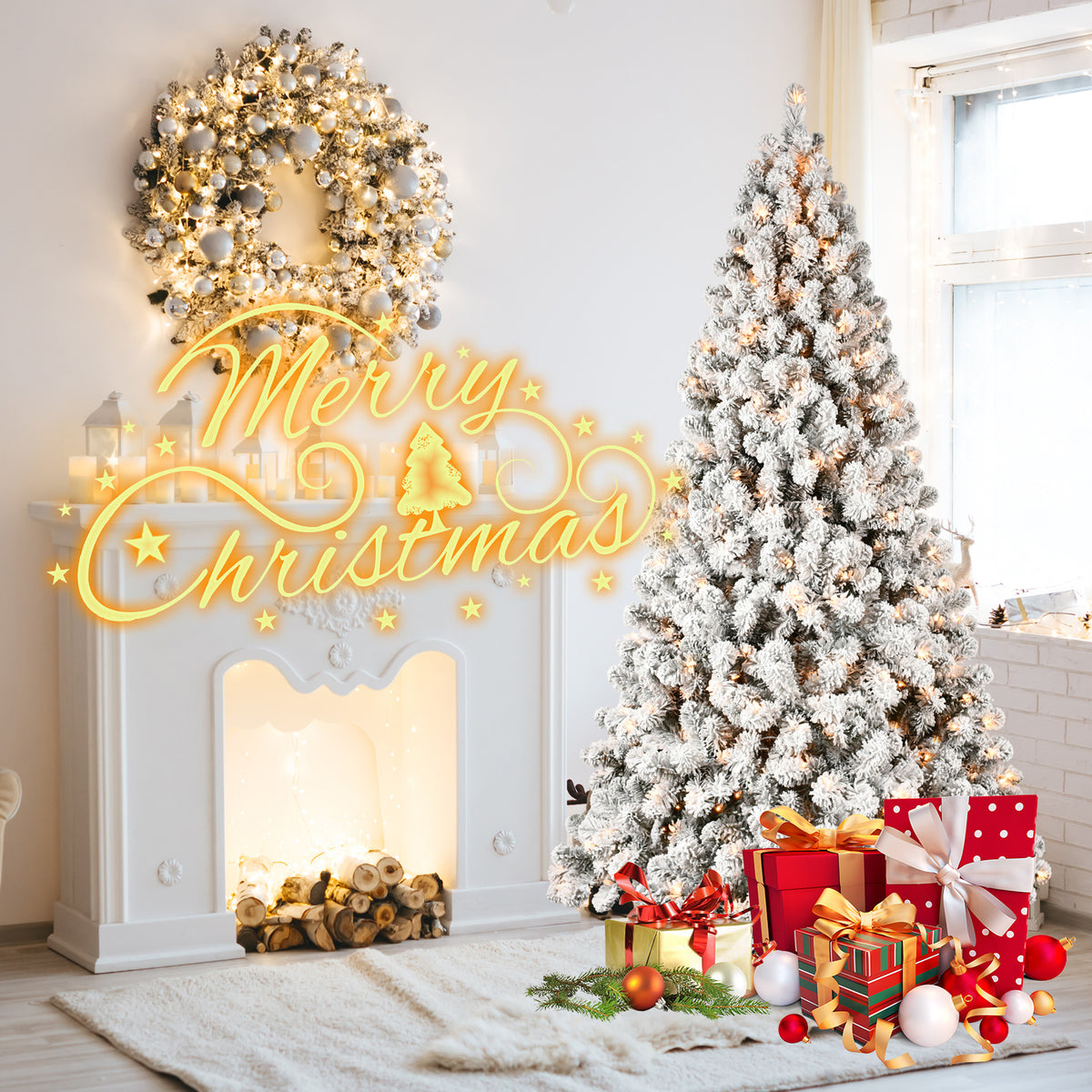 a christmas tree with presents and a fireplace